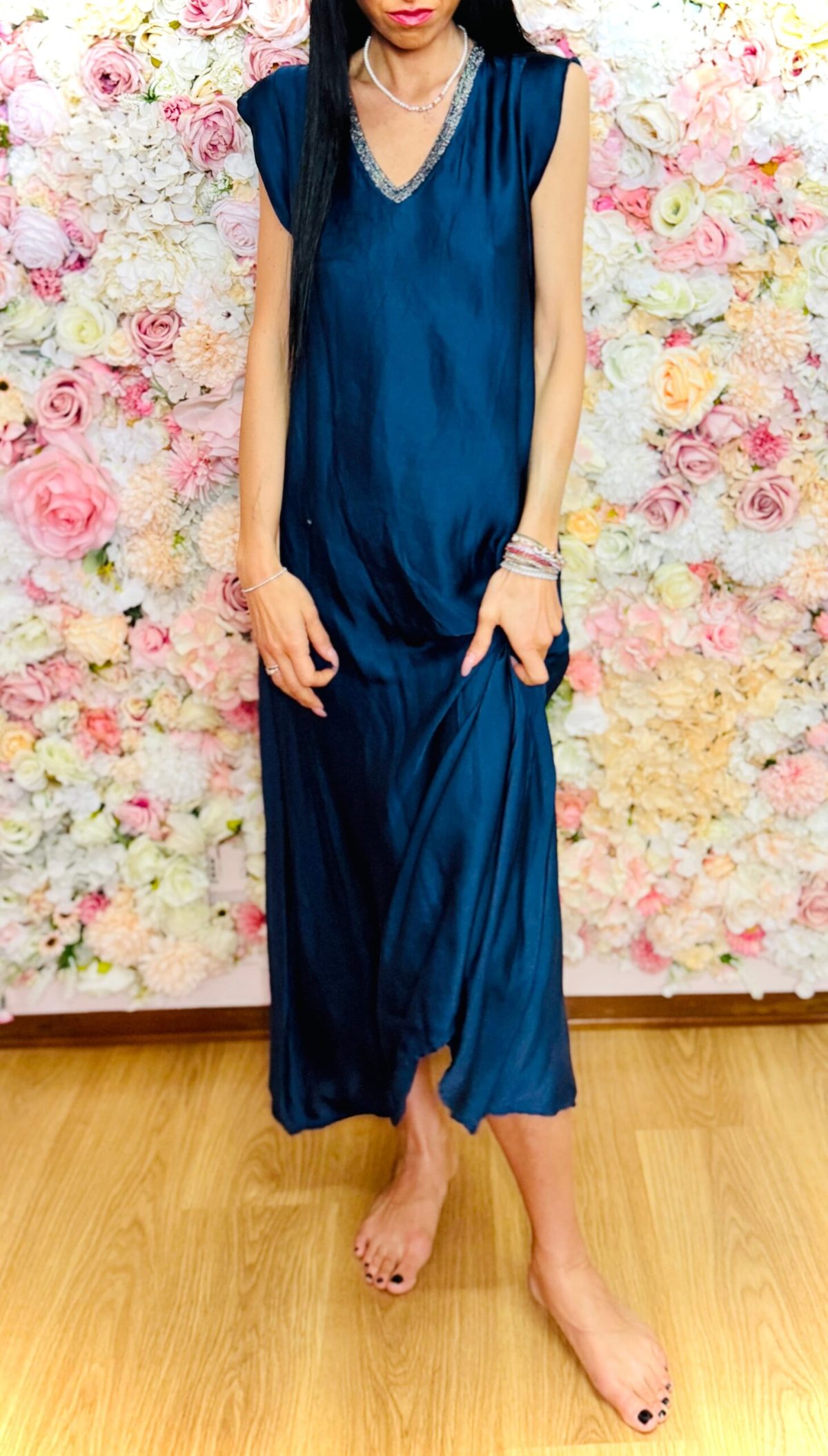 Vestito nero lungo morbido con bordatura Glitter Maui - immagine 7